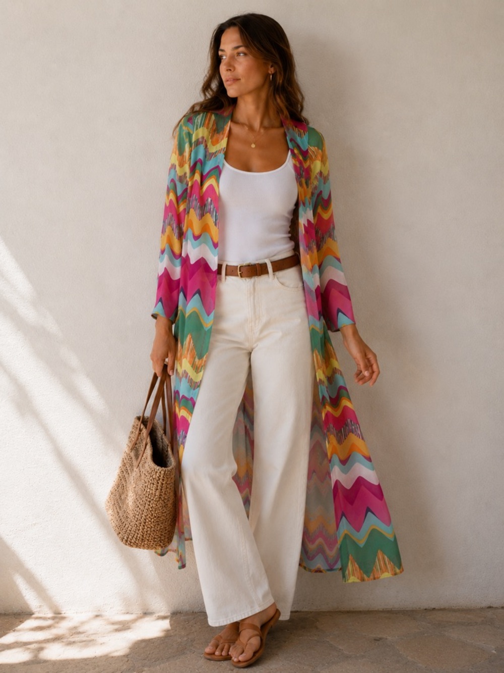 Almost Famous Women’s Mesh Duster Cardigan Medium Multicolor Chevron Open Front